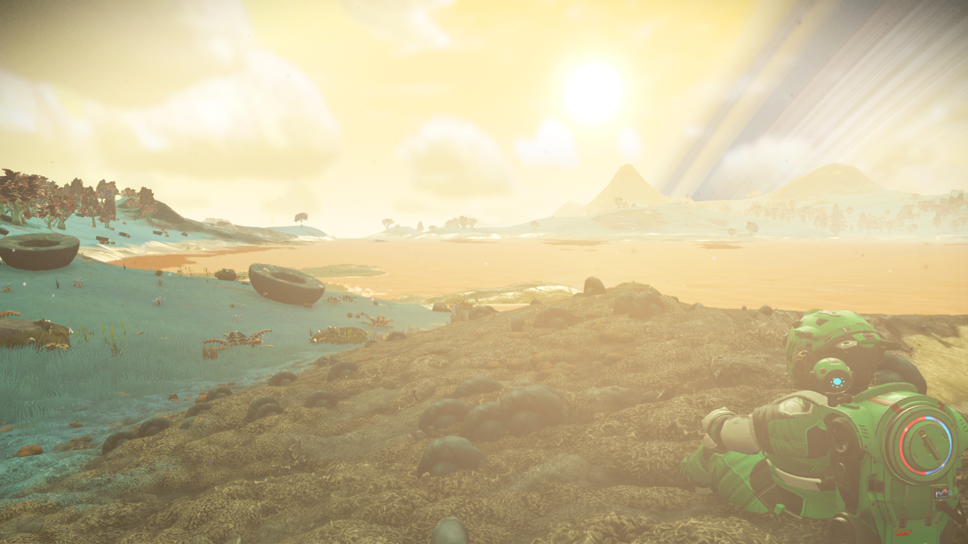 Sunset on an alien planet in No Man's Sky